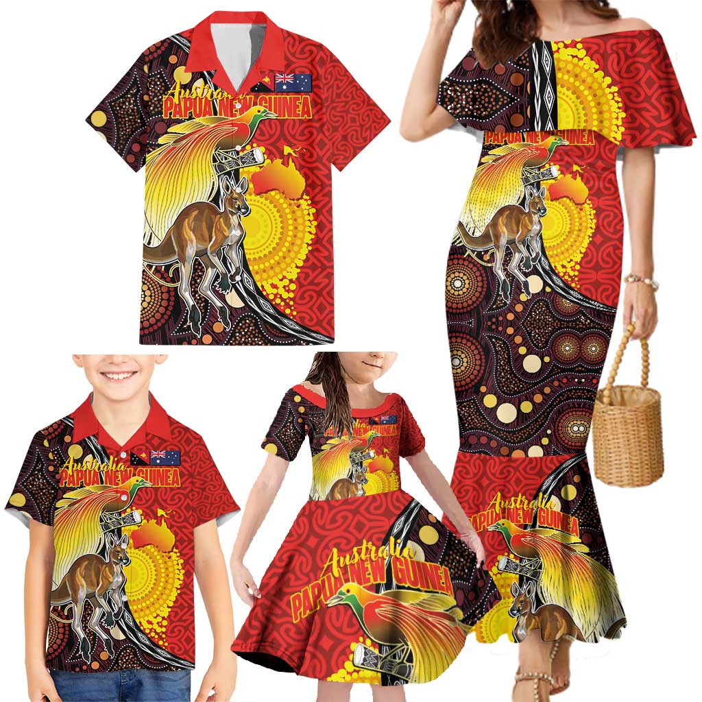 Australia and Papua New Guinea Together Family Matching Mermaid Dress and Hawaiian Shirt Bird-of-paradise and Kangaroo with Oro Tapa and Aboriginal Art Motifs LT03 - Polynesian Pride