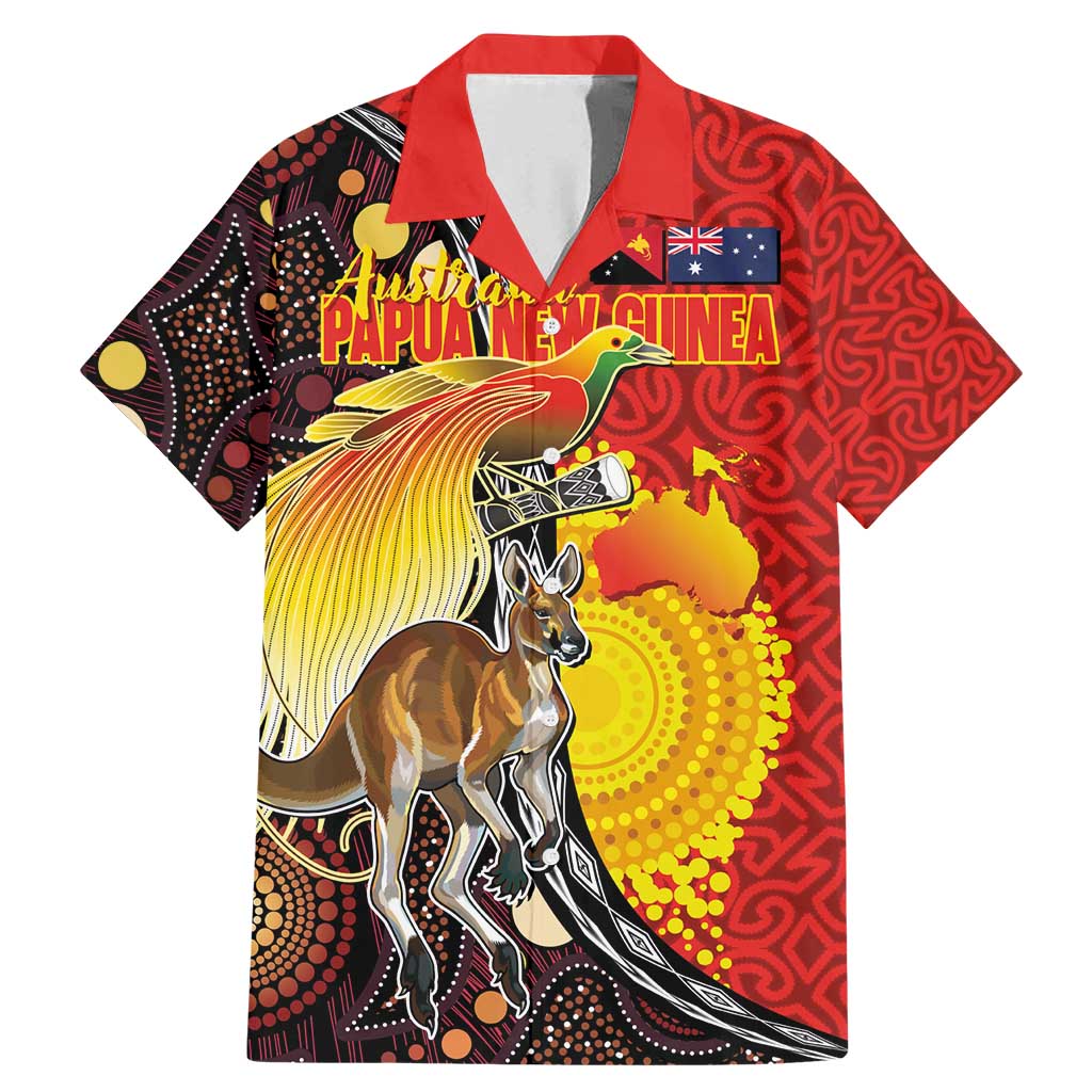 Australia and Papua New Guinea Together Family Matching Mermaid Dress and Hawaiian Shirt Bird-of-paradise and Kangaroo with Oro Tapa and Aboriginal Art Motifs LT03 Dad's Shirt - Short Sleeve Black - Polynesian Pride