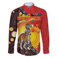 Australia and Papua New Guinea Together Family Matching Mermaid Dress and Hawaiian Shirt Bird-of-paradise and Kangaroo with Oro Tapa and Aboriginal Art Motifs LT03 Dad's Shirt - Long Sleeve Black - Polynesian Pride