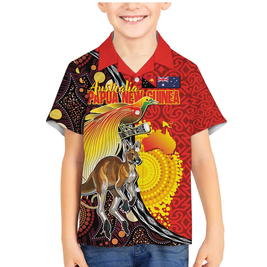 Australia and Papua New Guinea Together Family Matching Mermaid Dress and Hawaiian Shirt Bird-of-paradise and Kangaroo with Oro Tapa and Aboriginal Art Motifs LT03 Son's Shirt Black - Polynesian Pride