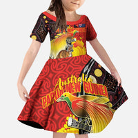 Australia and Papua New Guinea Together Family Matching Off The Shoulder Long Sleeve Dress and Hawaiian Shirt Bird-of-paradise and Kangaroo with Oro Tapa and Aboriginal Art Motifs LT03 Daughter's Dress Black - Polynesian Pride
