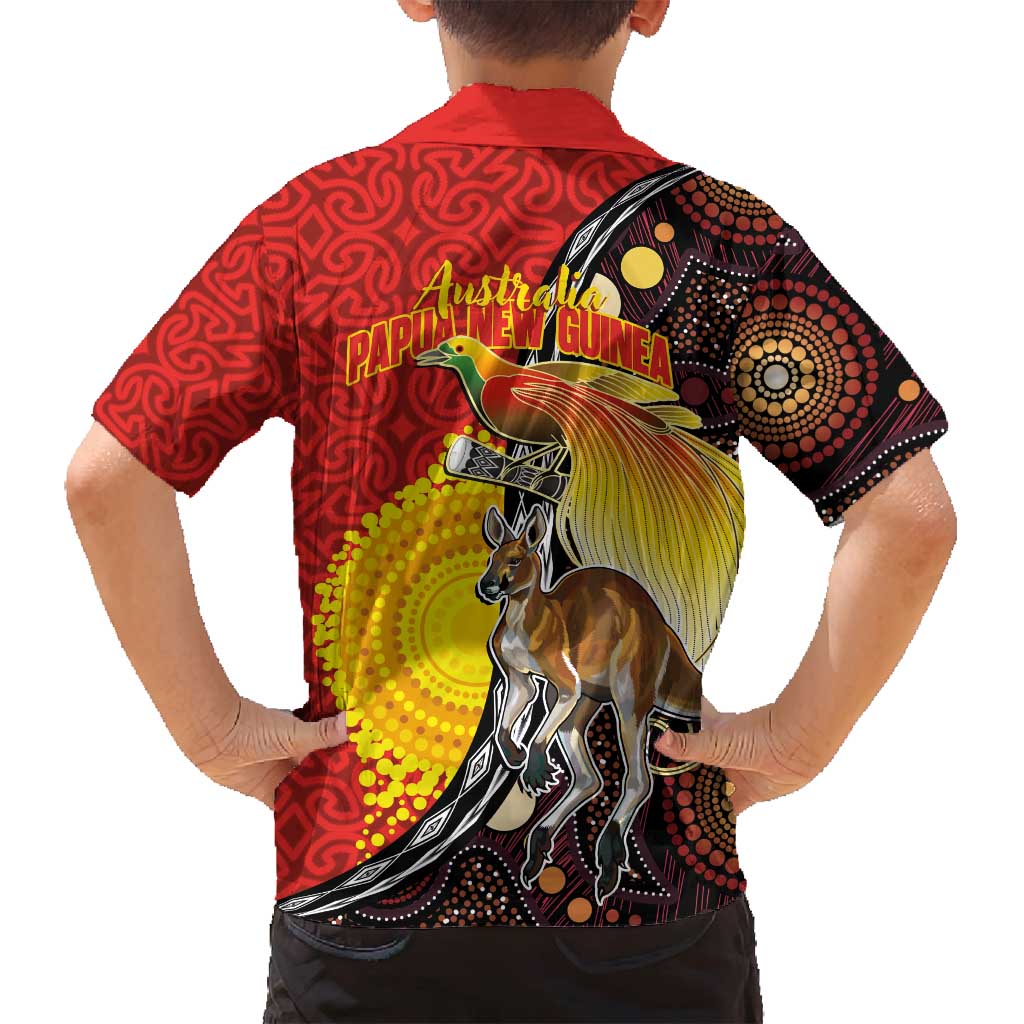 Australia and Papua New Guinea Together Family Matching Off Shoulder Maxi Dress and Hawaiian Shirt Bird-of-paradise and Kangaroo with Oro Tapa and Aboriginal Art Motifs LT03 - Polynesian Pride