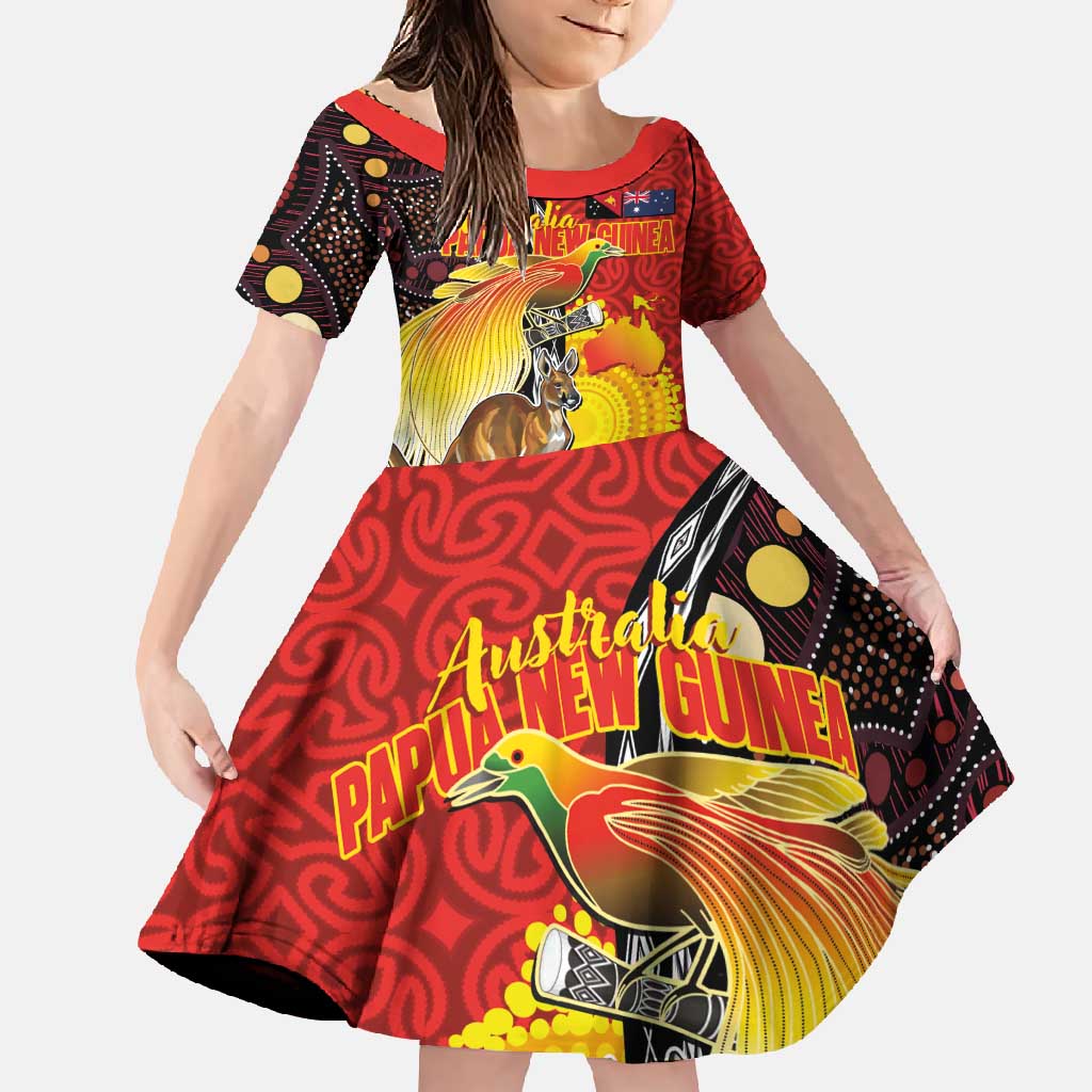 Australia and Papua New Guinea Together Family Matching Off Shoulder Maxi Dress and Hawaiian Shirt Bird-of-paradise and Kangaroo with Oro Tapa and Aboriginal Art Motifs LT03 Daughter's Dress Black - Polynesian Pride