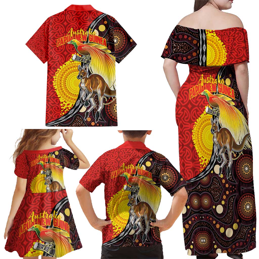 Australia and Papua New Guinea Together Family Matching Off Shoulder Maxi Dress and Hawaiian Shirt Bird-of-paradise and Kangaroo with Oro Tapa and Aboriginal Art Motifs LT03 - Polynesian Pride