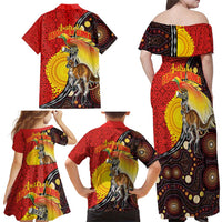 Australia and Papua New Guinea Together Family Matching Off Shoulder Maxi Dress and Hawaiian Shirt Bird-of-paradise and Kangaroo with Oro Tapa and Aboriginal Art Motifs LT03 - Polynesian Pride