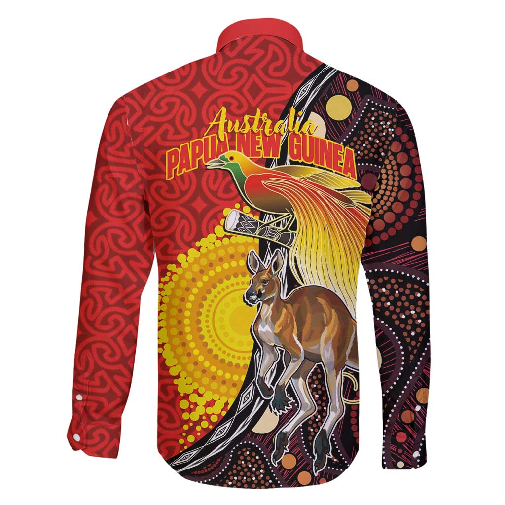 Australia and Papua New Guinea Together Family Matching Off Shoulder Maxi Dress and Hawaiian Shirt Bird-of-paradise and Kangaroo with Oro Tapa and Aboriginal Art Motifs LT03 - Polynesian Pride