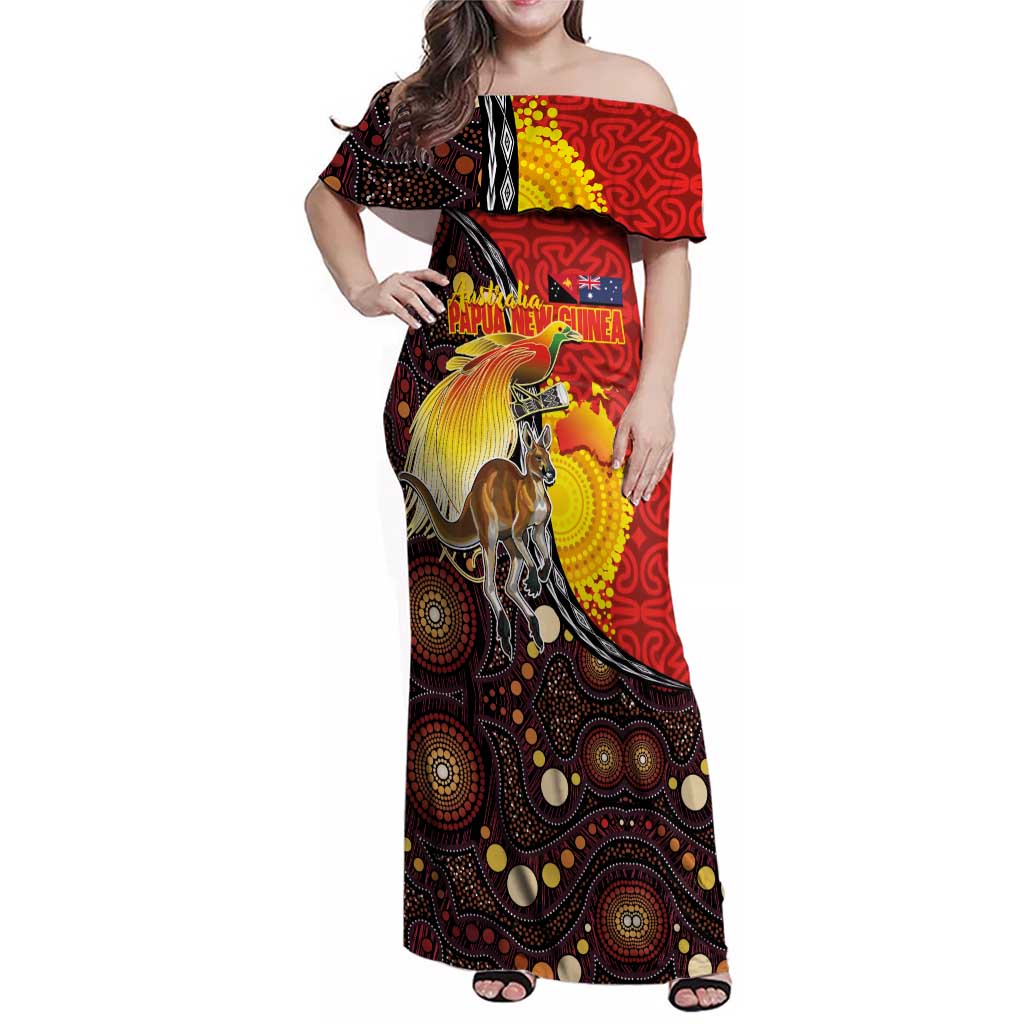 Australia and Papua New Guinea Together Family Matching Off Shoulder Maxi Dress and Hawaiian Shirt Bird-of-paradise and Kangaroo with Oro Tapa and Aboriginal Art Motifs LT03 Mom's Dress Black - Polynesian Pride
