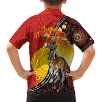 Australia and Papua New Guinea Together Family Matching Off Shoulder Short Dress and Hawaiian Shirt Bird-of-paradise and Kangaroo with Oro Tapa and Aboriginal Art Motifs LT03 - Polynesian Pride