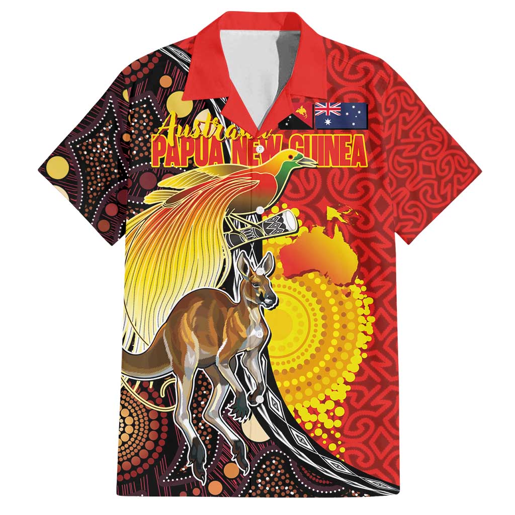 Australia and Papua New Guinea Together Family Matching Puletasi and Hawaiian Shirt Bird-of-paradise and Kangaroo with Oro Tapa and Aboriginal Art Motifs LT03 Dad's Shirt - Short Sleeve Black - Polynesian Pride
