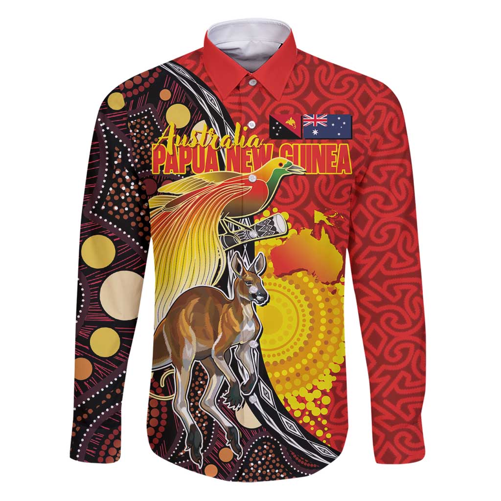 Australia and Papua New Guinea Together Family Matching Puletasi and Hawaiian Shirt Bird-of-paradise and Kangaroo with Oro Tapa and Aboriginal Art Motifs LT03 Dad's Shirt - Long Sleeve Black - Polynesian Pride