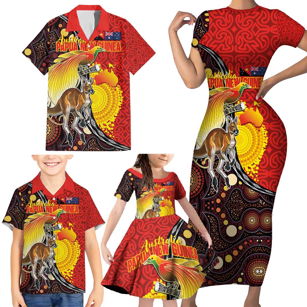 Australia and Papua New Guinea Together Family Matching Short Sleeve Bodycon Dress and Hawaiian Shirt Bird-of-paradise and Kangaroo with Oro Tapa and Aboriginal Art Motifs LT03 - Polynesian Pride