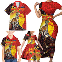 Australia and Papua New Guinea Together Family Matching Short Sleeve Bodycon Dress and Hawaiian Shirt Bird-of-paradise and Kangaroo with Oro Tapa and Aboriginal Art Motifs LT03 - Polynesian Pride