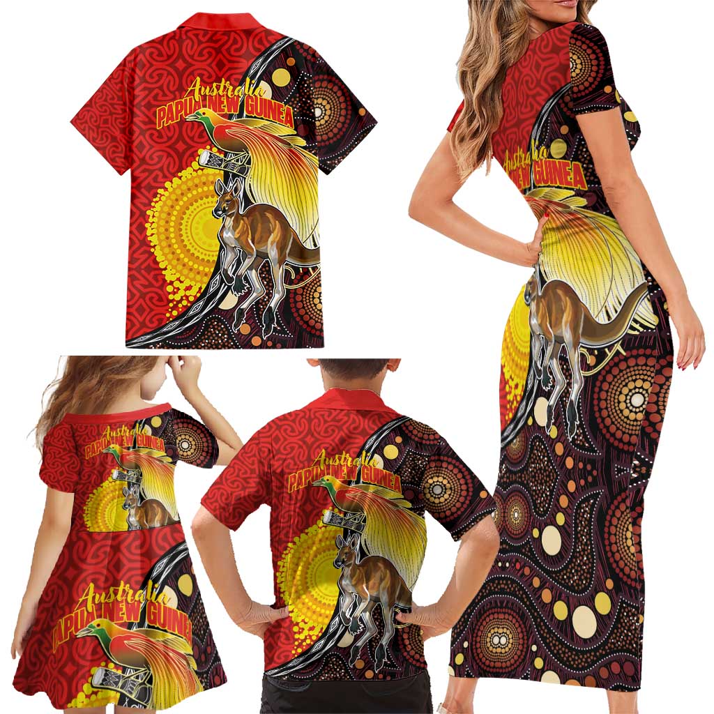 Australia and Papua New Guinea Together Family Matching Short Sleeve Bodycon Dress and Hawaiian Shirt Bird-of-paradise and Kangaroo with Oro Tapa and Aboriginal Art Motifs LT03 - Polynesian Pride