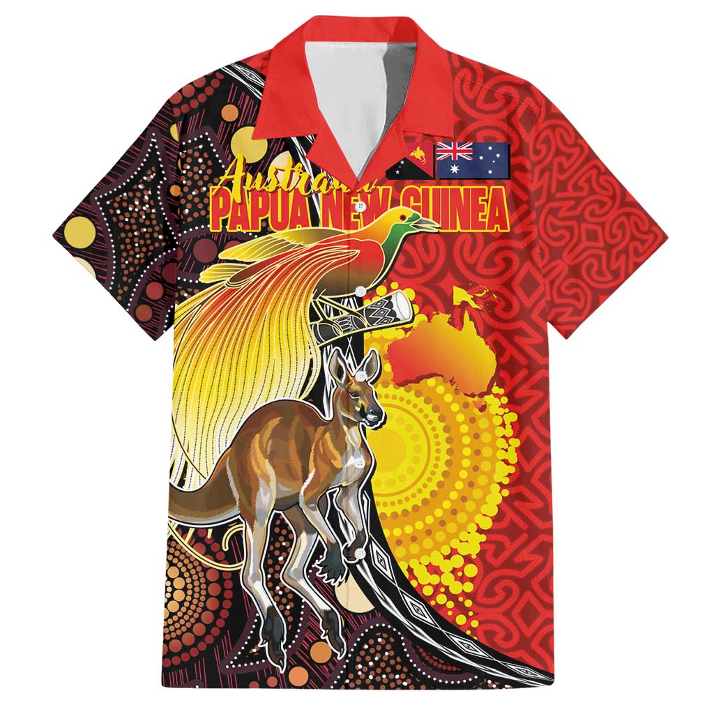 Australia and Papua New Guinea Together Family Matching Short Sleeve Bodycon Dress and Hawaiian Shirt Bird-of-paradise and Kangaroo with Oro Tapa and Aboriginal Art Motifs LT03 Dad's Shirt - Short Sleeve Black - Polynesian Pride