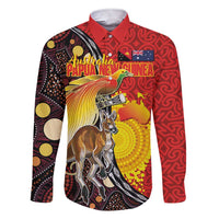 Australia and Papua New Guinea Together Family Matching Short Sleeve Bodycon Dress and Hawaiian Shirt Bird-of-paradise and Kangaroo with Oro Tapa and Aboriginal Art Motifs LT03 Dad's Shirt - Long Sleeve Black - Polynesian Pride