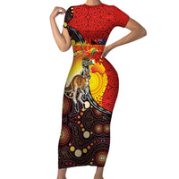 Australia and Papua New Guinea Together Family Matching Short Sleeve Bodycon Dress and Hawaiian Shirt Bird-of-paradise and Kangaroo with Oro Tapa and Aboriginal Art Motifs LT03 Mom's Dress Black - Polynesian Pride