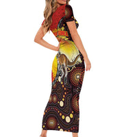 Australia and Papua New Guinea Together Family Matching Short Sleeve Bodycon Dress and Hawaiian Shirt Bird-of-paradise and Kangaroo with Oro Tapa and Aboriginal Art Motifs LT03 - Polynesian Pride