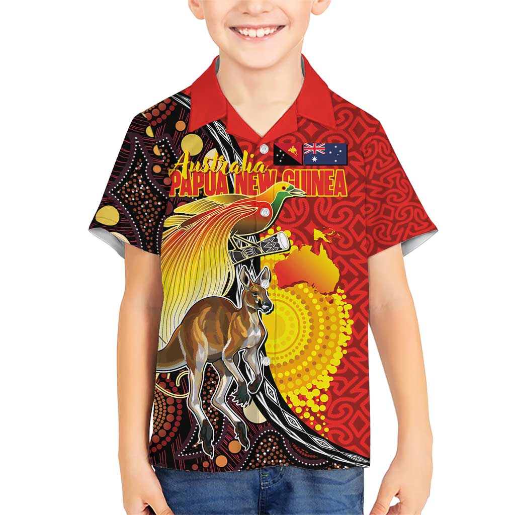 Australia and Papua New Guinea Together Family Matching Short Sleeve Bodycon Dress and Hawaiian Shirt Bird-of-paradise and Kangaroo with Oro Tapa and Aboriginal Art Motifs LT03 Son's Shirt Black - Polynesian Pride