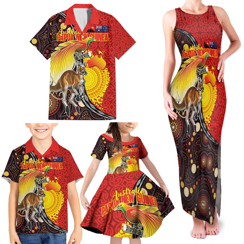 Australia and Papua New Guinea Together Family Matching Tank Maxi Dress and Hawaiian Shirt Bird-of-paradise and Kangaroo with Oro Tapa and Aboriginal Art Motifs LT03 - Polynesian Pride