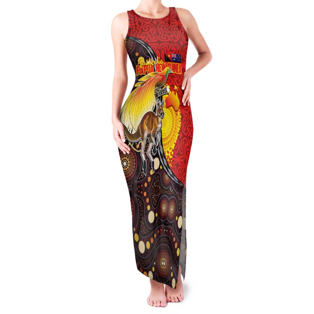 Australia and Papua New Guinea Together Family Matching Tank Maxi Dress and Hawaiian Shirt Bird-of-paradise and Kangaroo with Oro Tapa and Aboriginal Art Motifs LT03 Mom's Dress Black - Polynesian Pride