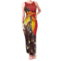 Australia and Papua New Guinea Together Family Matching Tank Maxi Dress and Hawaiian Shirt Bird-of-paradise and Kangaroo with Oro Tapa and Aboriginal Art Motifs LT03 Mom's Dress Black - Polynesian Pride
