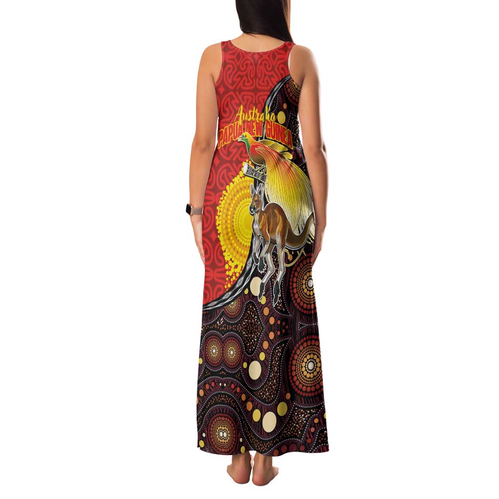 Australia and Papua New Guinea Together Family Matching Tank Maxi Dress and Hawaiian Shirt Bird-of-paradise and Kangaroo with Oro Tapa and Aboriginal Art Motifs LT03 - Polynesian Pride