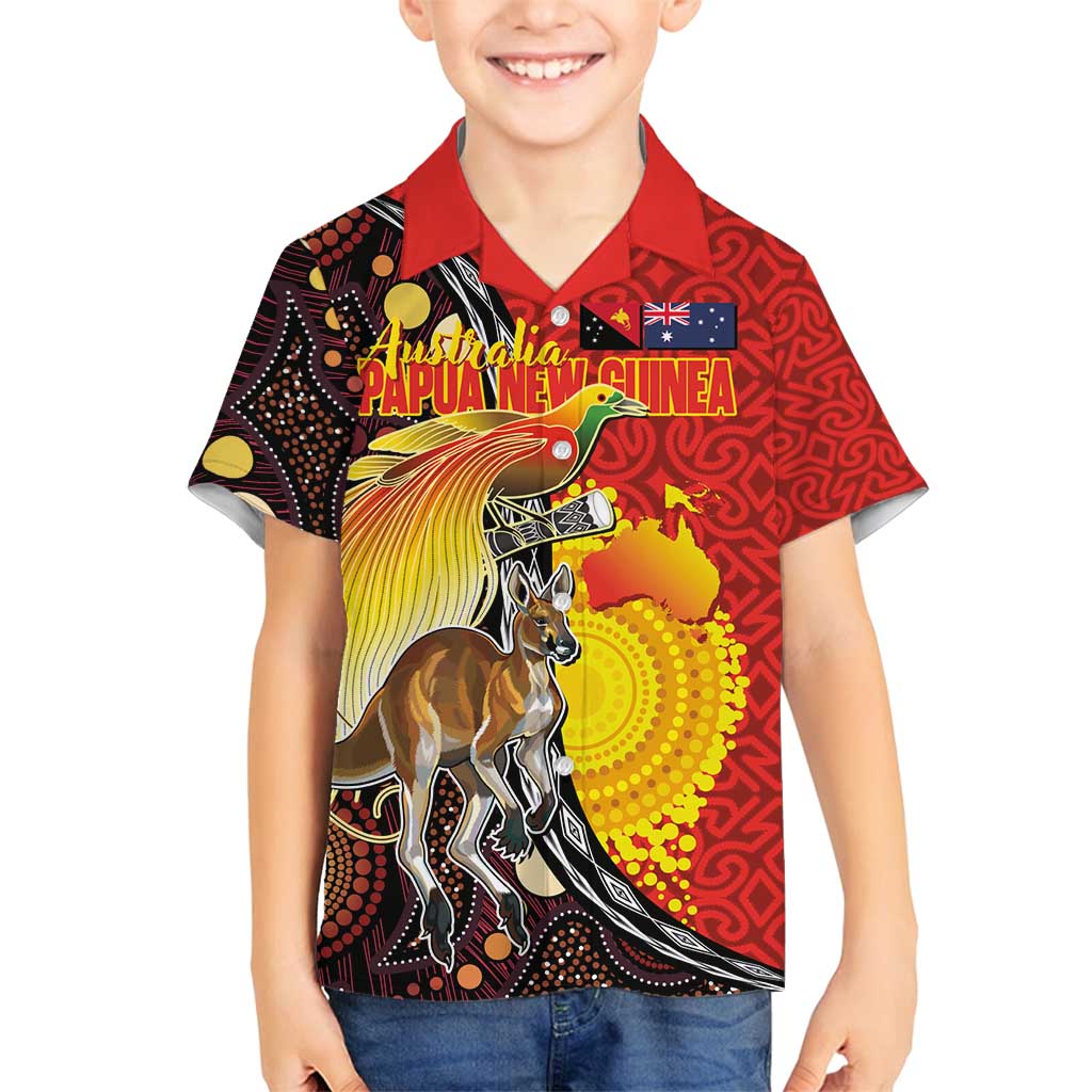Australia and Papua New Guinea Together Family Matching Tank Maxi Dress and Hawaiian Shirt Bird-of-paradise and Kangaroo with Oro Tapa and Aboriginal Art Motifs LT03 Son's Shirt Black - Polynesian Pride