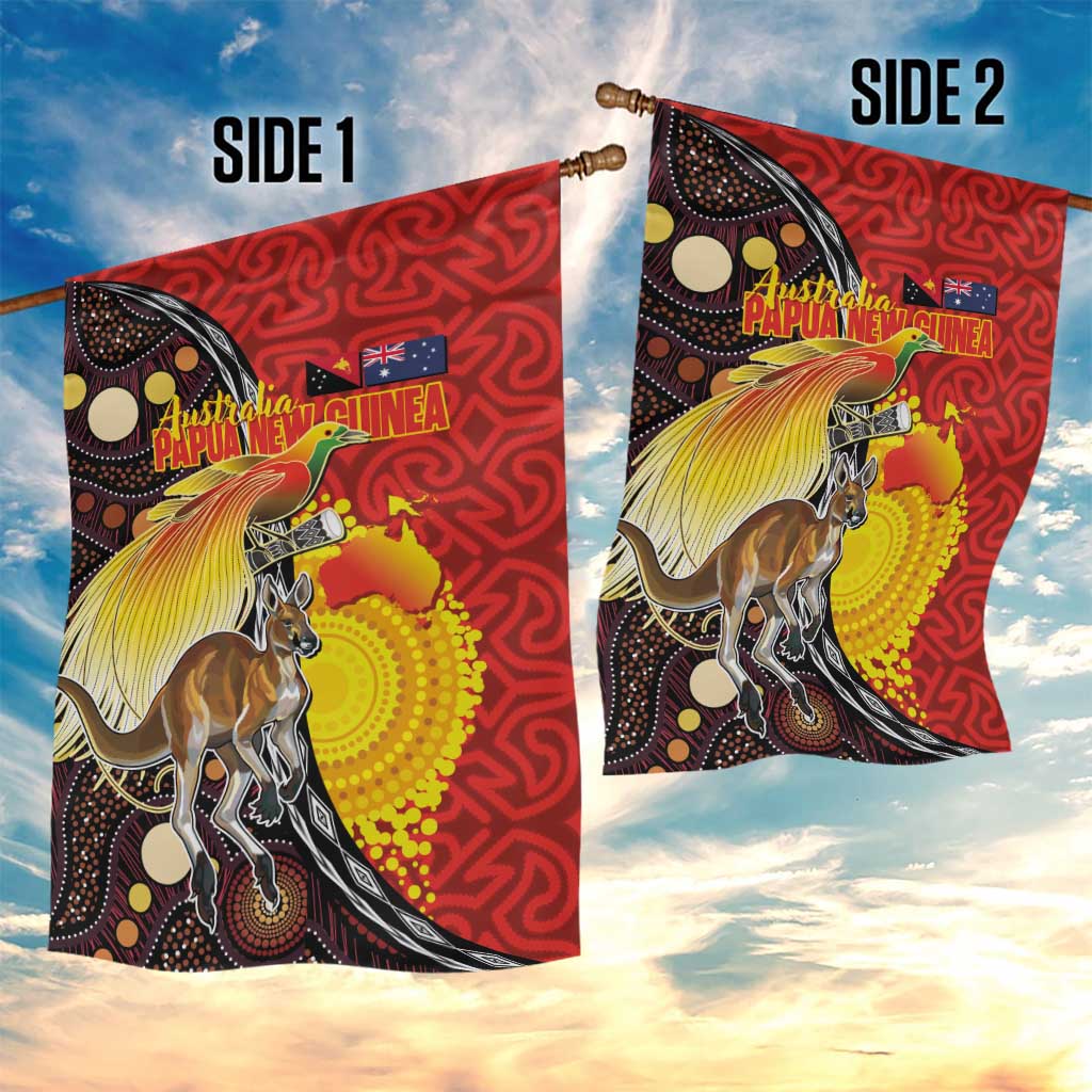 Australia and Papua New Guinea Together Garden Flag Bird-of-paradise and Kangaroo with Oro Tapa and Aboriginal Art Motifs LT03 - Polynesian Pride