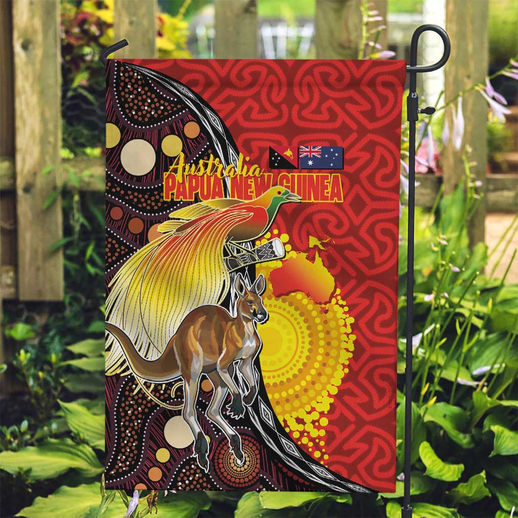 Australia and Papua New Guinea Together Garden Flag Bird-of-paradise and Kangaroo with Oro Tapa and Aboriginal Art Motifs LT03 Garden Flag Black - Polynesian Pride