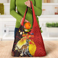 Australia and Papua New Guinea Together Grocery Bag Bird-of-paradise and Kangaroo with Oro Tapa and Aboriginal Art Motifs LT03 - Polynesian Pride