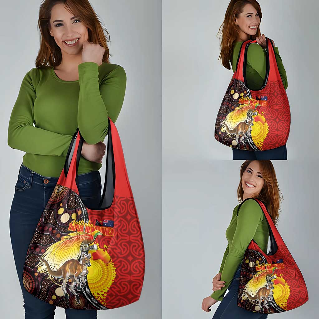 Australia and Papua New Guinea Together Grocery Bag Bird-of-paradise and Kangaroo with Oro Tapa and Aboriginal Art Motifs LT03 - Polynesian Pride