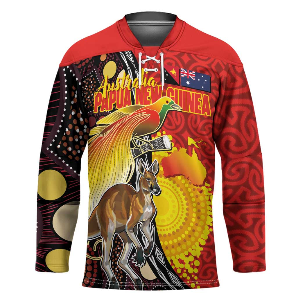 Australia and Papua New Guinea Together Hockey Jersey Bird-of-paradise and Kangaroo with Oro Tapa and Aboriginal Art Motifs - Polynesian Pride