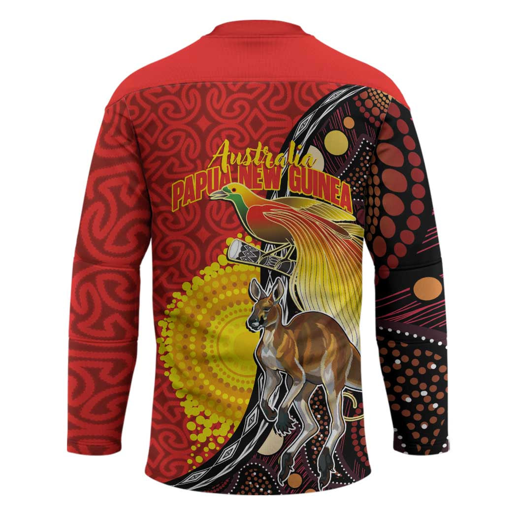 Australia and Papua New Guinea Together Hockey Jersey Bird-of-paradise and Kangaroo with Oro Tapa and Aboriginal Art Motifs LT03 - Polynesian Pride