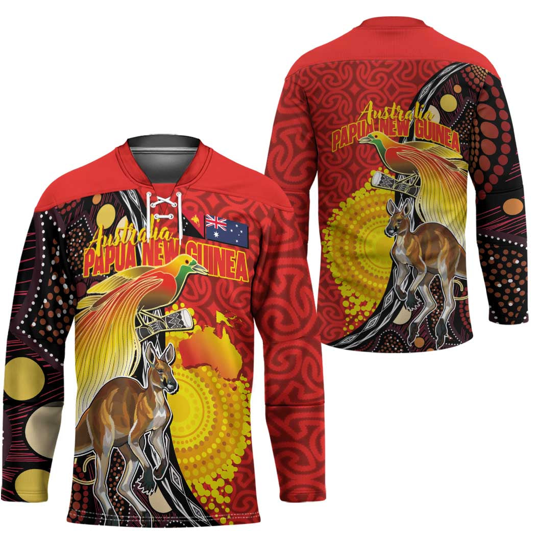 Australia and Papua New Guinea Together Hockey Jersey Bird-of-paradise and Kangaroo with Oro Tapa and Aboriginal Art Motifs LT03 - Polynesian Pride