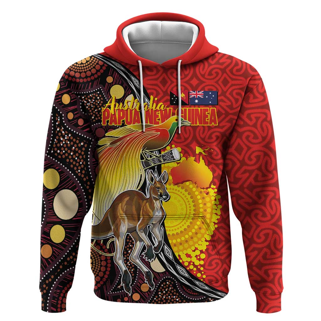 Australia and Papua New Guinea Together Hoodie Bird-of-paradise and Kangaroo with Oro Tapa and Aboriginal Art Motifs - Polynesian Pride