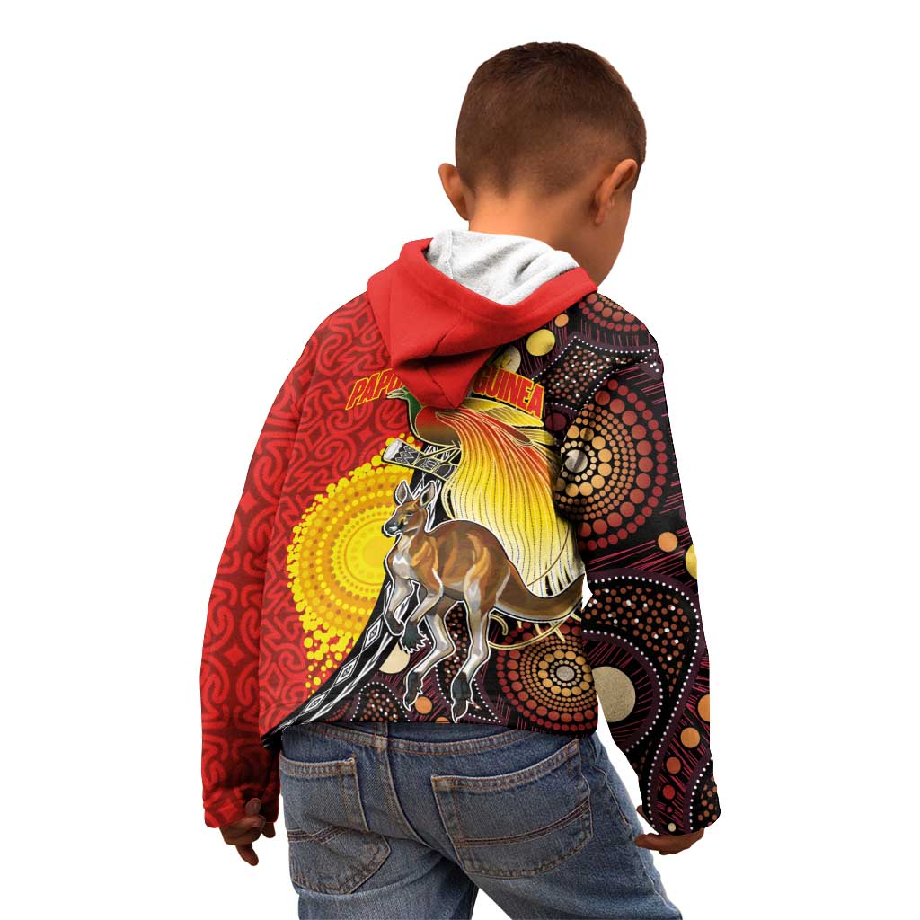 Australia and Papua New Guinea Together Kid Hoodie Bird-of-paradise and Kangaroo with Oro Tapa and Aboriginal Art Motifs LT03 - Polynesian Pride