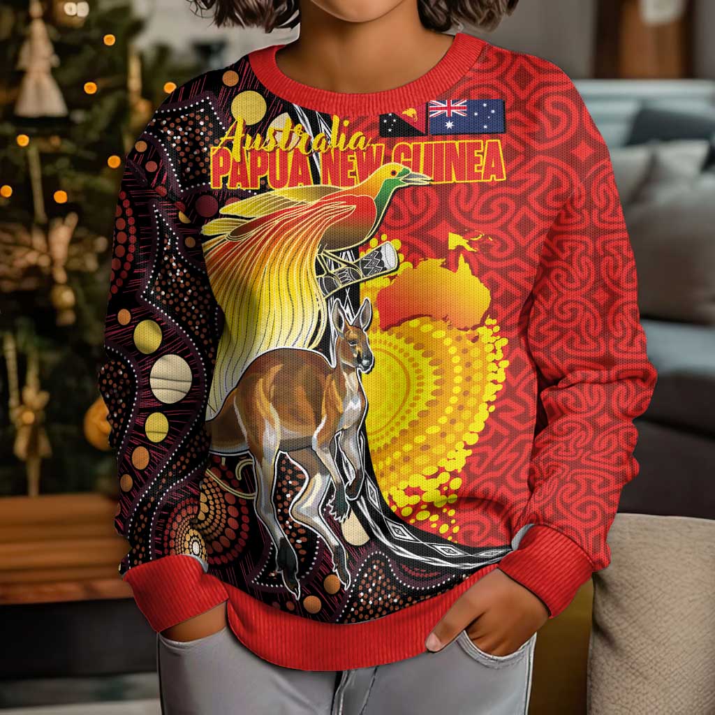 Australia and Papua New Guinea Together Kid Ugly Christmas Sweater Bird-of-paradise and Kangaroo with Oro Tapa and Aboriginal Art Motifs LT03 - Polynesian Pride