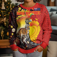 Australia and Papua New Guinea Together Kid Ugly Christmas Sweater Bird-of-paradise and Kangaroo with Oro Tapa and Aboriginal Art Motifs LT03 - Polynesian Pride