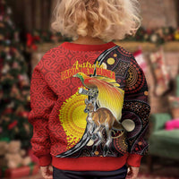 Australia and Papua New Guinea Together Kid Ugly Christmas Sweater Bird-of-paradise and Kangaroo with Oro Tapa and Aboriginal Art Motifs LT03 - Polynesian Pride