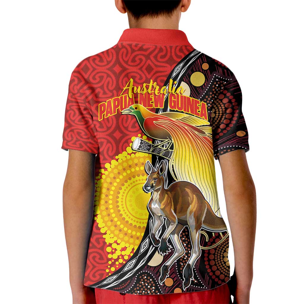Australia and Papua New Guinea Together Kid Polo Shirt Bird-of-paradise and Kangaroo with Oro Tapa and Aboriginal Art Motifs LT03 - Polynesian Pride