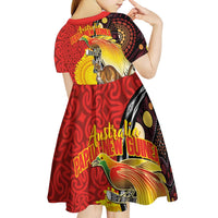 Australia and Papua New Guinea Together Kid Short Sleeve Dress Bird-of-paradise and Kangaroo with Oro Tapa and Aboriginal Art Motifs LT03 - Polynesian Pride