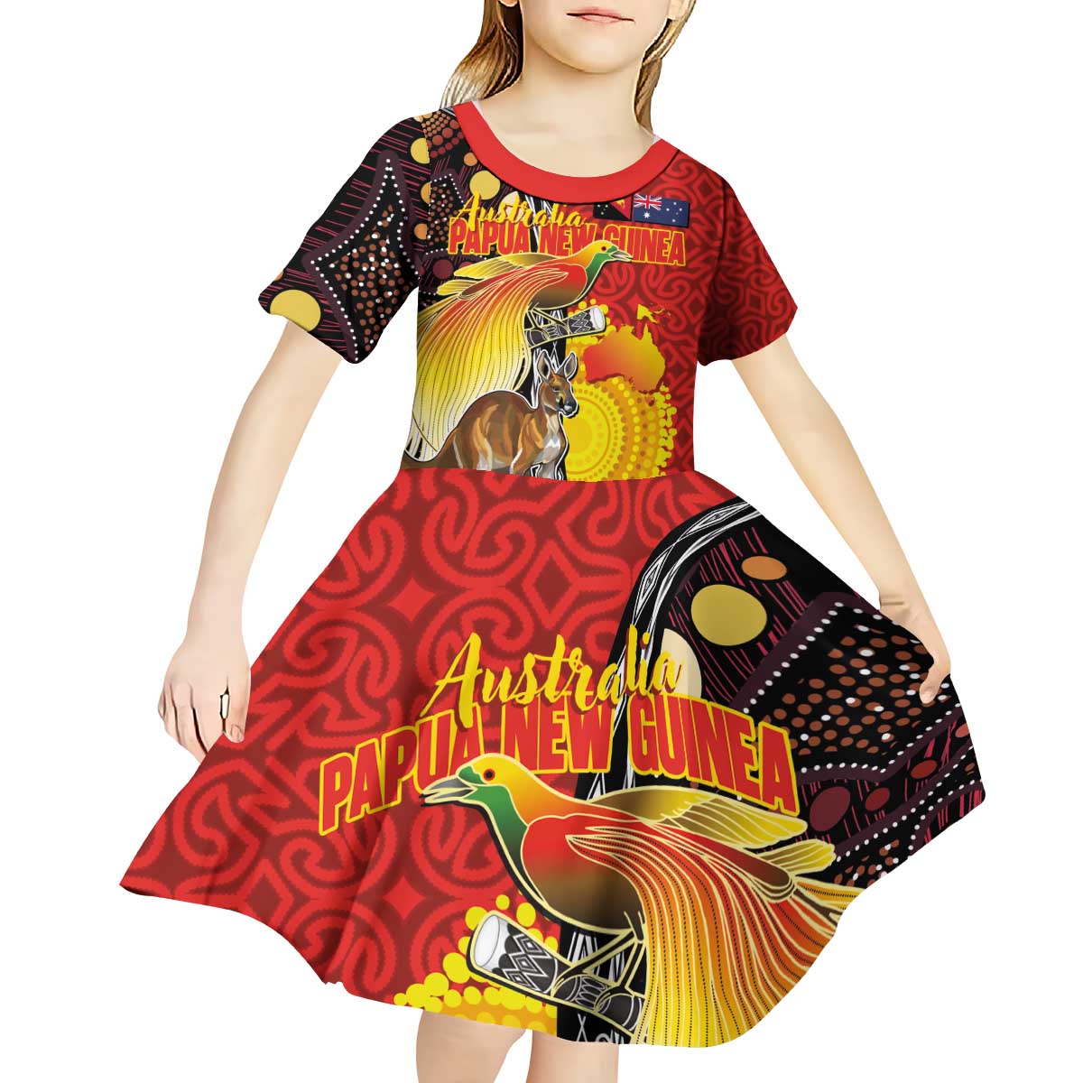 Australia and Papua New Guinea Together Kid Short Sleeve Dress Bird-of-paradise and Kangaroo with Oro Tapa and Aboriginal Art Motifs LT03 - Polynesian Pride
