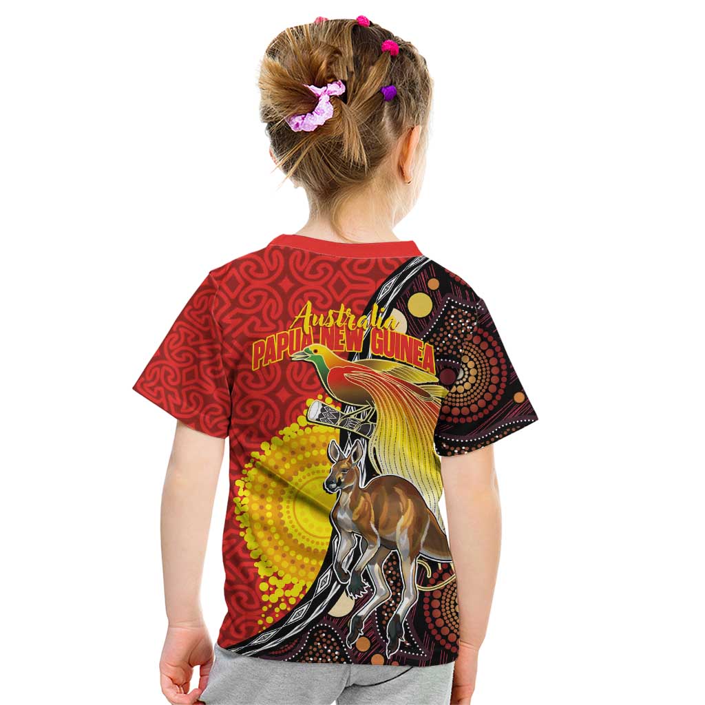 Australia and Papua New Guinea Together Kid T Shirt Bird-of-paradise and Kangaroo with Oro Tapa and Aboriginal Art Motifs LT03 - Polynesian Pride