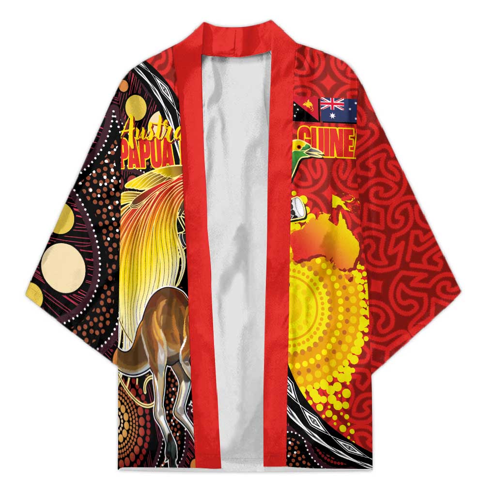 Australia and Papua New Guinea Together Kimono Bird-of-paradise and Kangaroo with Oro Tapa and Aboriginal Art Motifs LT03 Unisex Black - Polynesian Pride