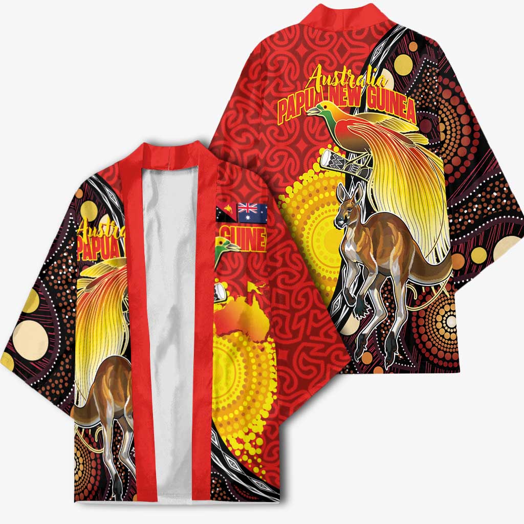 Australia and Papua New Guinea Together Kimono Bird-of-paradise and Kangaroo with Oro Tapa and Aboriginal Art Motifs LT03 - Polynesian Pride
