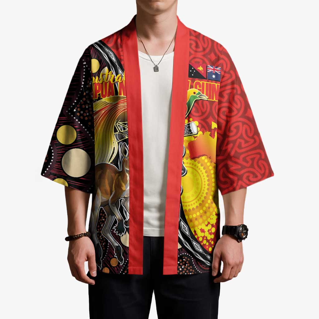 Australia and Papua New Guinea Together Kimono Bird-of-paradise and Kangaroo with Oro Tapa and Aboriginal Art Motifs LT03 - Polynesian Pride