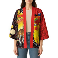 Australia and Papua New Guinea Together Kimono Bird-of-paradise and Kangaroo with Oro Tapa and Aboriginal Art Motifs LT03 - Polynesian Pride