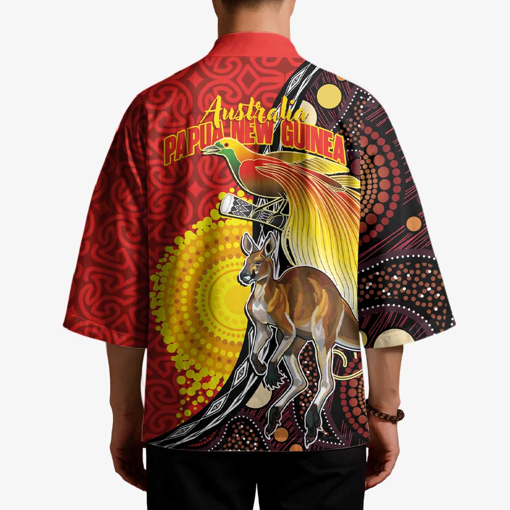 Australia and Papua New Guinea Together Kimono Bird-of-paradise and Kangaroo with Oro Tapa and Aboriginal Art Motifs LT03 - Polynesian Pride