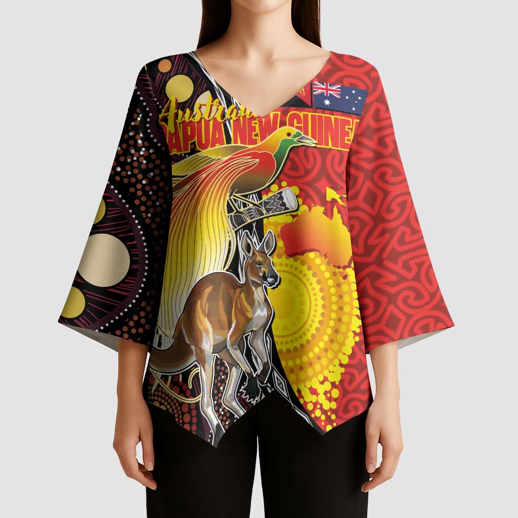 Australia and Papua New Guinea Together Kimono Sleeve Blouse Bird-of-paradise and Kangaroo with Oro Tapa and Aboriginal Art Motifs LT03 - Polynesian Pride