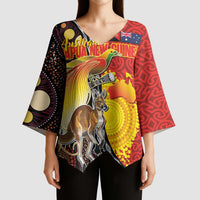 Australia and Papua New Guinea Together Kimono Sleeve Blouse Bird-of-paradise and Kangaroo with Oro Tapa and Aboriginal Art Motifs LT03 - Polynesian Pride